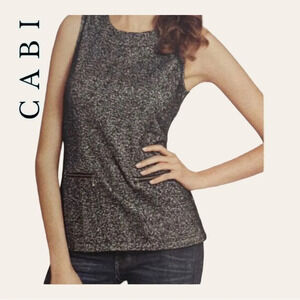1138. CABI CECE SLEEVELESS TOP‎ BLACK HERRINGBONE TWEED ZIP POCKETS SIZE SMALL